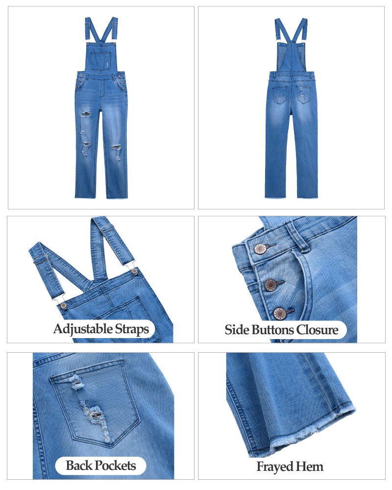luvamia Women's Casual Distressed Adjustable Denim Bib Overalls Jeans Pants Jumpsuits Blue Size Small - Image 3